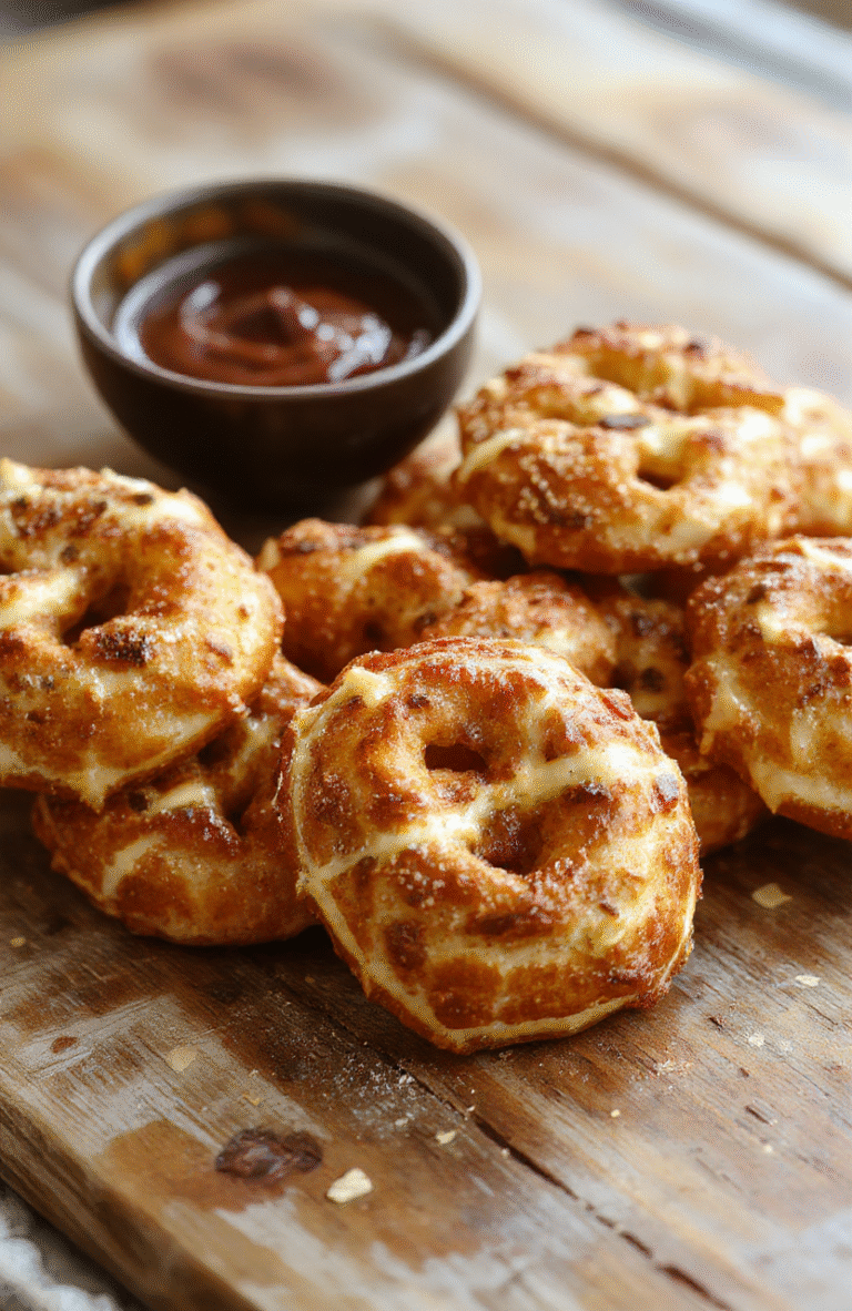 A close-up of golden-brown pretzel bites topped with melted, glossy Rolo chocolates, arranged on a rustic wooden surface. The bites are shiny and slightly crisp on the outside with gooey, melting chocolate visible. Soft shadows and natural daylight highlight their textures, with some pretzels slightly broken to reveal the gooey chocolate inside, styled casually for an inviting, homemade look.