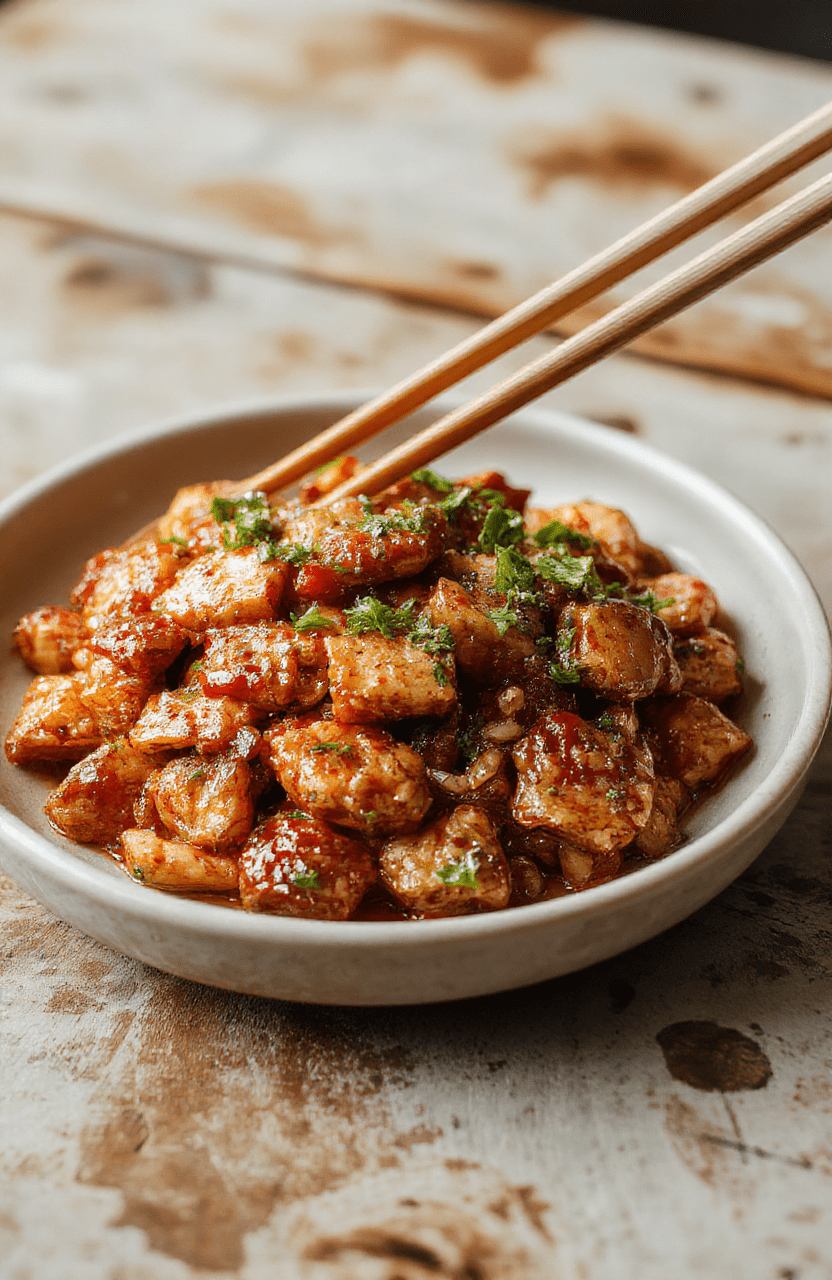 Vibrant plate of sweet chili chicken glazed with glossy sauce, garnished with chopped green onions on a rustic wooden table. The chicken pieces are tender with a caramelized exterior, surrounded by colorful bell peppers and sesame seeds, styled simply for an appetizing look.