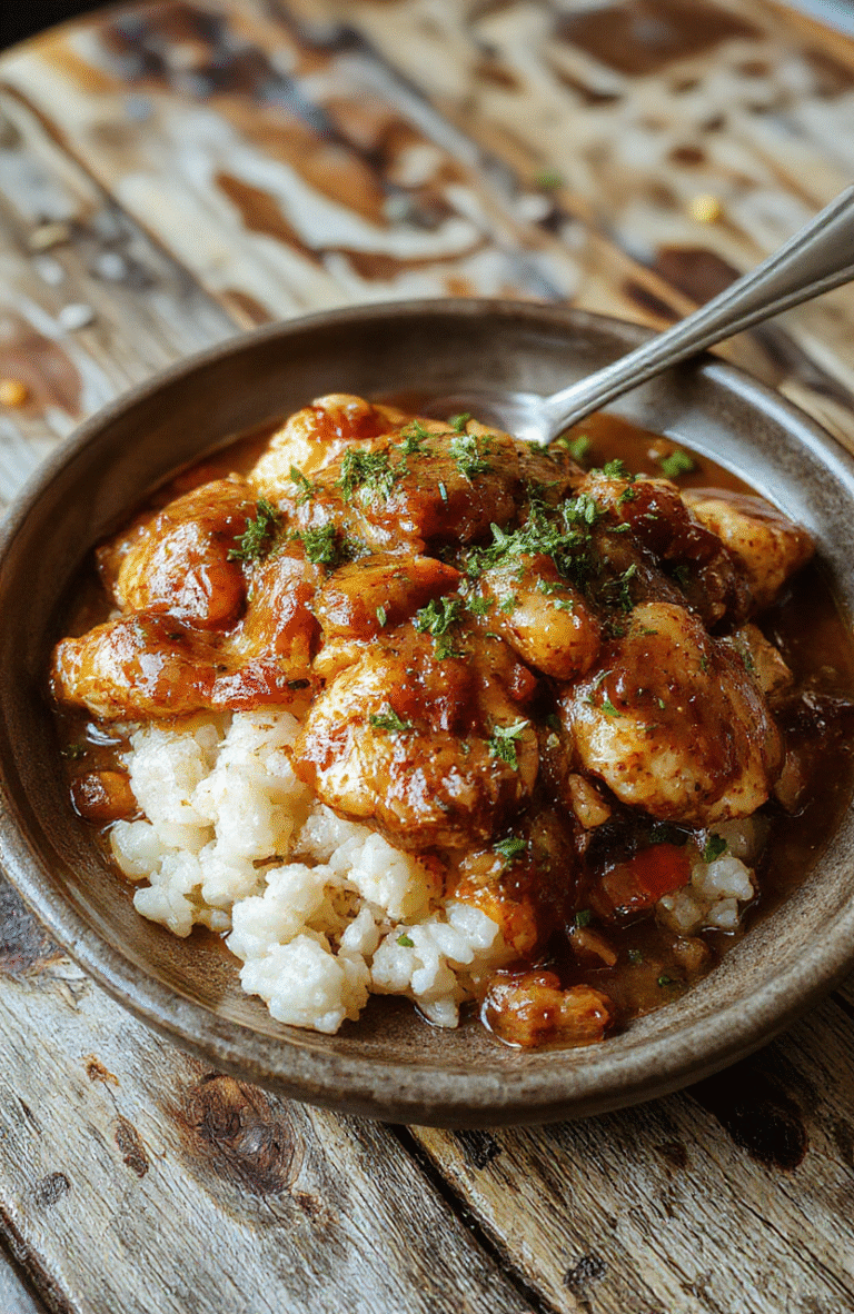 A vibrant plate featuring tender sliced smothered chicken atop fluffy rice, topped with melted cheese and fresh herbs. The dish is served in a rustic bowl with a side of steaming vegetables, showcasing rich gravy, crispy edges on the chicken, and colorful garnishes. The background is warm and inviting, highlighting the hearty textures and appealing presentation.