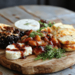 A beautifully arranged cheese board featuring a variety of cheeses, fresh fruits, nuts, and crackers. The board showcases vibrant colors with creamy cheeses contrasted by red grapes, green figs, and assorted nuts, all styled on a rustic wooden platter with elegant garnishes. The presentation emphasizes textures and color harmony, creating an inviting and sophisticated look perfect for entertaining.