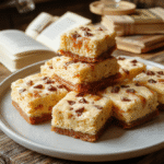 Golden-brown cheesecake bars with a smooth, creamy texture topped with crispy toffee bits and a drizzle of caramel sauce, styled on a rustic wooden plate with whimsical wand and potion bottle accents, soft natural lighting highlighting their rich, inviting appearance.