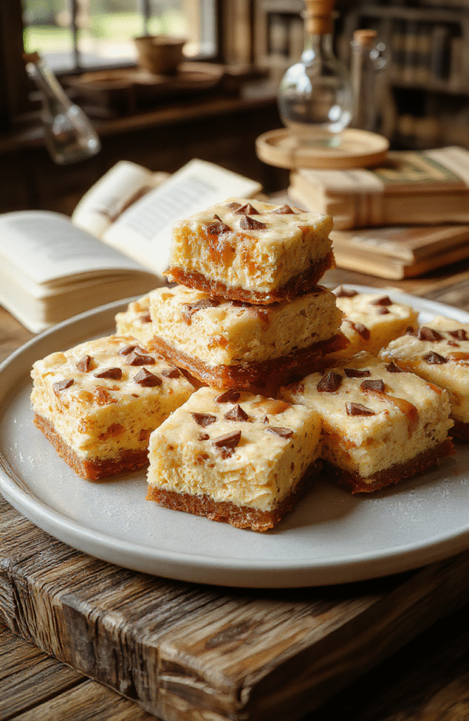 Golden-brown cheesecake bars with a smooth, creamy texture topped with crispy toffee bits and a drizzle of caramel sauce, styled on a rustic wooden plate with whimsical wand and potion bottle accents, soft natural lighting highlighting their rich, inviting appearance.