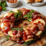 A vibrant holiday charcuterie wreath arranged on a rustic wooden platter, featuring assorted cheeses, cured meats, fresh fruits, nuts, and garnished with sprigs of rosemary and cranberries. The colorful ingredients are artfully arranged in a circular pattern, creating an inviting and festive presentation with textures ranging from creamy cheeses to crunchy nuts and juicy fruits.
