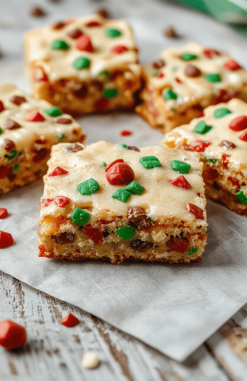 Colorful Christmas cookie bars with a glossy chocolate glaze, sprinkled with festive red and green sprinkles, arranged on a rustic wooden platter with a snowy background, showcasing textures of crunchy edges and chewy centers.