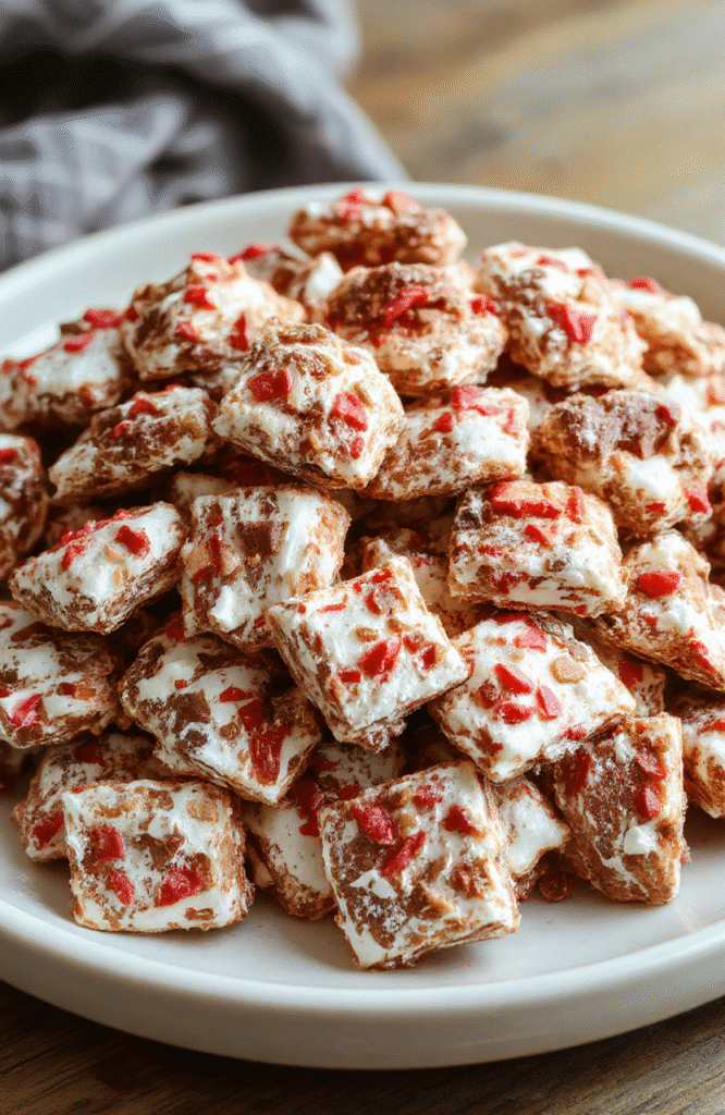 A colorful bowl of festive puppy chow coated in shiny pastel and chocolate-colored candies, sprinkled with red and green festive sprinkles. The snack is presented on a rustic white plate styled with holiday-themed decorations around it, highlighting the crunchy texture and vibrant colors, perfect for a holiday party or cozy winter gathering.