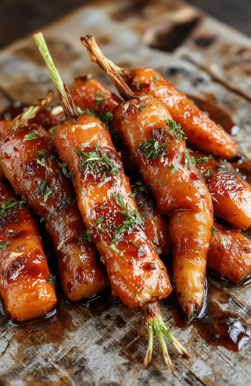 A vibrant plate of glazed carrots arranged elegantly with a glossy sheen, garnished with fresh herbs on a rustic wooden table, showcasing the tender texture and bright orange color, styled simply with a festive touch