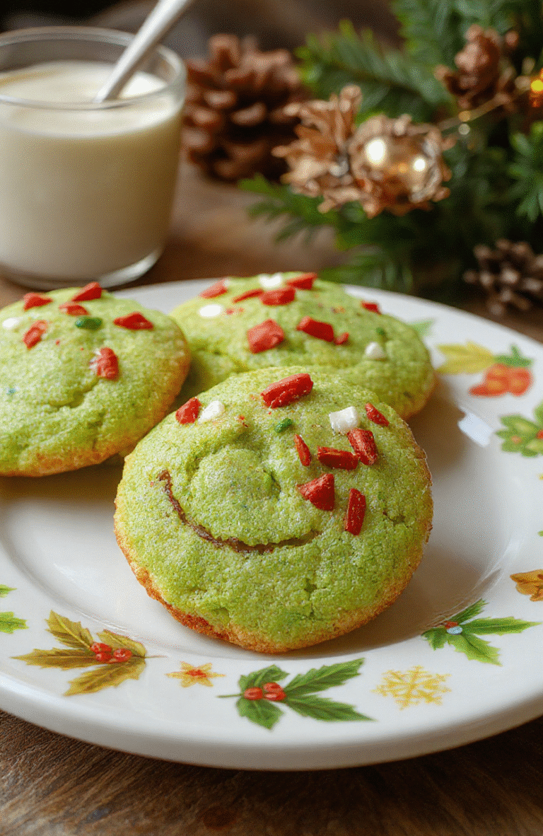 Colorful festive Grinch cookies arranged on a festive plate with red and green decorations in the background, showcasing vibrant green icing, red candy accents, and a crumbly cookie texture, styled with holiday-themed props and warm lighting.