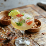 A vibrant glass of Festive Spiced Margarita with a salted rim, garnished with a cinnamon stick and orange wedge, set against a rustic wooden surface with holiday decorations in the background, showcasing a colorful swirl of red and orange hues, textured salt crystals, and a lightly frosted drink surface.