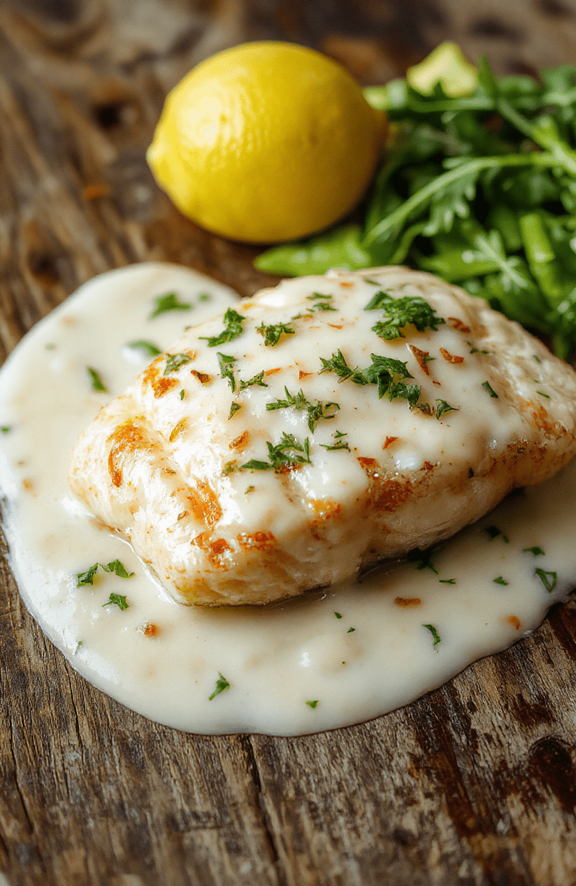 Golden baked cod fillets arranged on a white plate, topped with a creamy coconut lemon sauce, garnished with fresh herbs. The dish is beautifully plated with a lemon wedge on the side, showcasing the flaky texture of the fish and the vibrant yellow sauce, set against a stylish rustic wooden background.