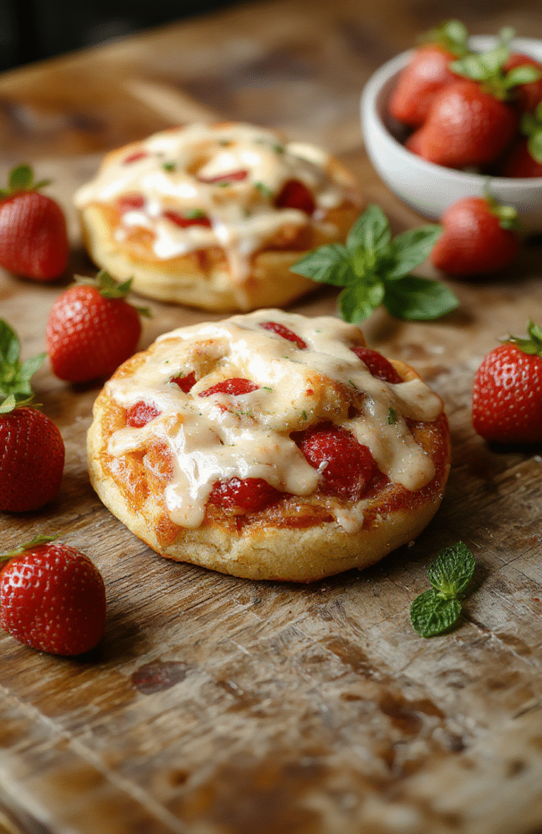 A golden-brown flaky Danish pastry filled with vibrant red strawberry slices and creamy cheese filling, topped with a light glaze. The pastry is elegantly plated on a neutral-colored wooden board, showcasing its layered texture and glossy finish. Fresh strawberries and mint leaves garnish the plate, reflecting freshness and inviting appeal.