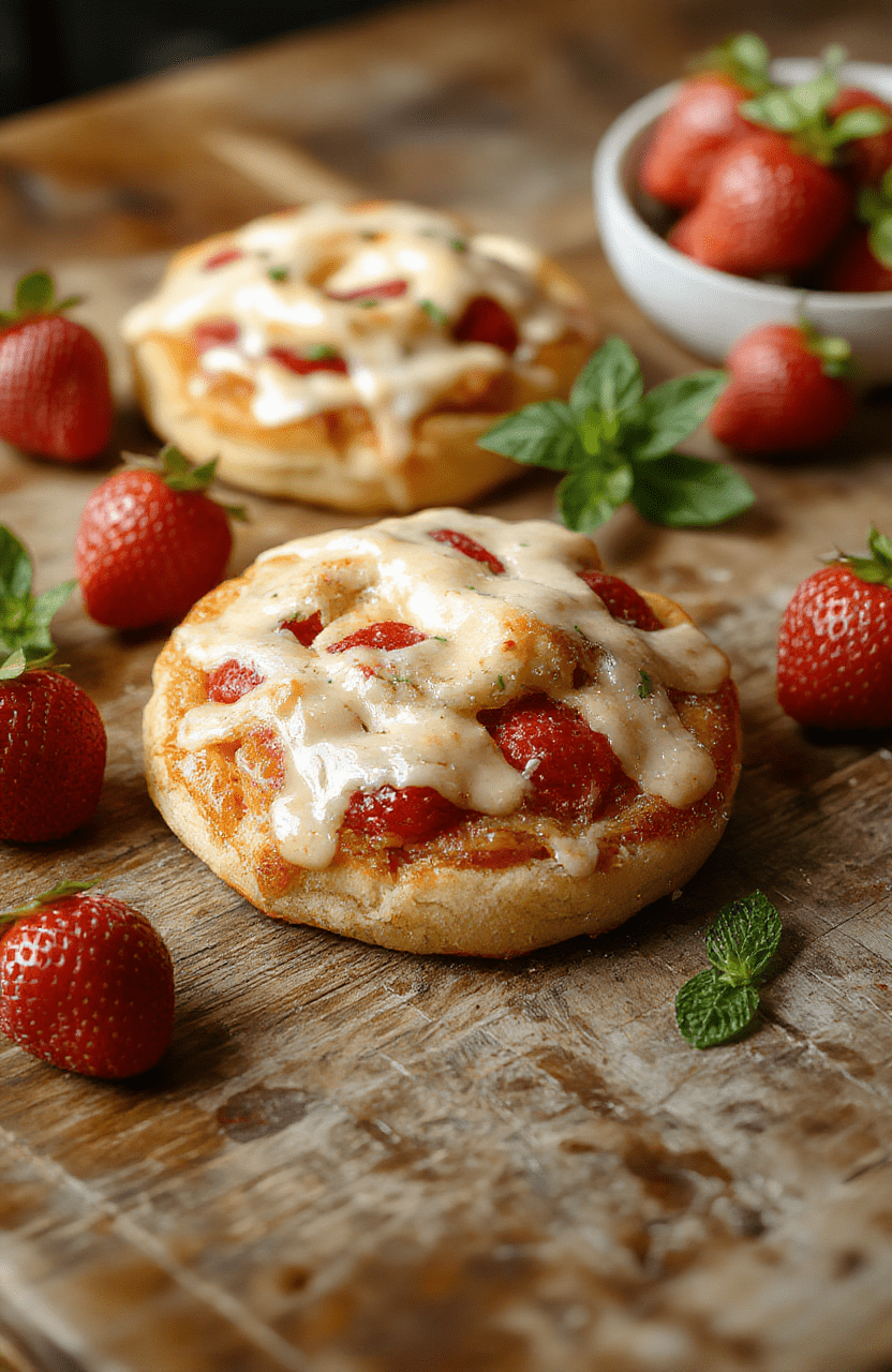 A golden-brown flaky Danish pastry filled with vibrant red strawberry slices and creamy cheese filling, topped with a light glaze. The pastry is elegantly plated on a neutral-colored wooden board, showcasing its layered texture and glossy finish. Fresh strawberries and mint leaves garnish the plate, reflecting freshness and inviting appeal.
