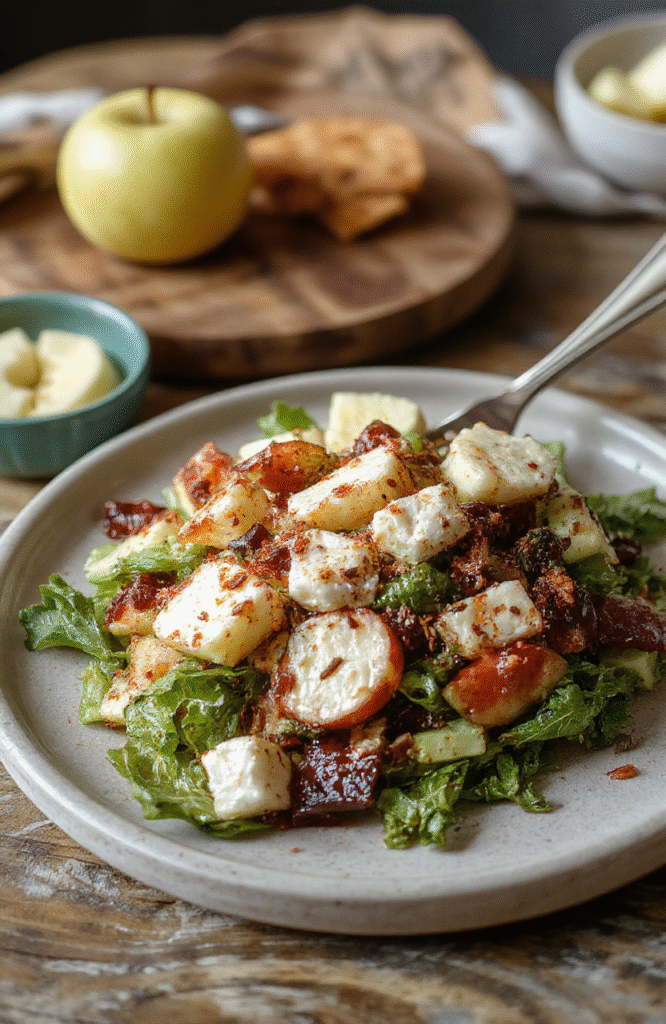 A vibrant, colorful salad featuring crisp apple slices, crumbled feta cheese, mixed greens, and crunchy nuts, styled beautifully on a white plate with a rustic wooden background, highlighting textures and fresh ingredients.