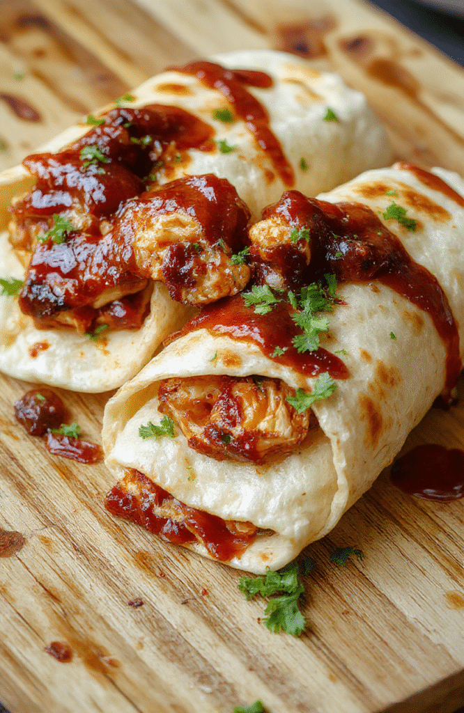 A vibrant plate of BBQ chicken wraps featuring golden-brown tortillas filled with juicy BBQ chicken, colorful vegetables, and melted cheese, neatly rolled and sliced to reveal the savory filling. The wraps are arranged on a rustic wooden surface with fresh herbs and BBQ sauce drizzled artistically, showcasing textures of crispy wraps and tender chicken, styled casually for a cozy meal.
