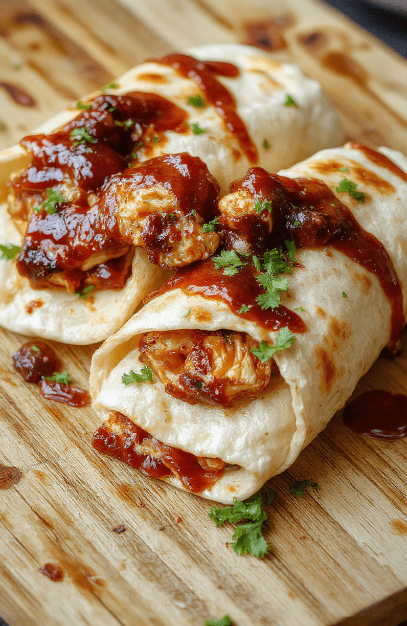 A vibrant plate of BBQ chicken wraps featuring golden-brown tortillas filled with juicy BBQ chicken, colorful vegetables, and melted cheese, neatly rolled and sliced to reveal the savory filling. The wraps are arranged on a rustic wooden surface with fresh herbs and BBQ sauce drizzled artistically, showcasing textures of crispy wraps and tender chicken, styled casually for a cozy meal.