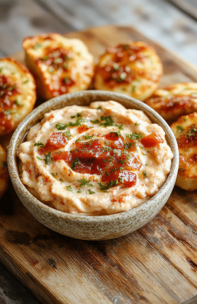 A vibrant bowl of bruschetta dip with diced tomatoes, fresh basil, garlic, and olive oil in a glass serving dish. The dip is topped with grated Parmesan cheese and served with toasted baguette slices arranged nearby. The scene features a rustic wooden table with natural lighting, highlighting the bright reds, greens, and whites of the ingredients, creating an inviting and fresh atmosphere.