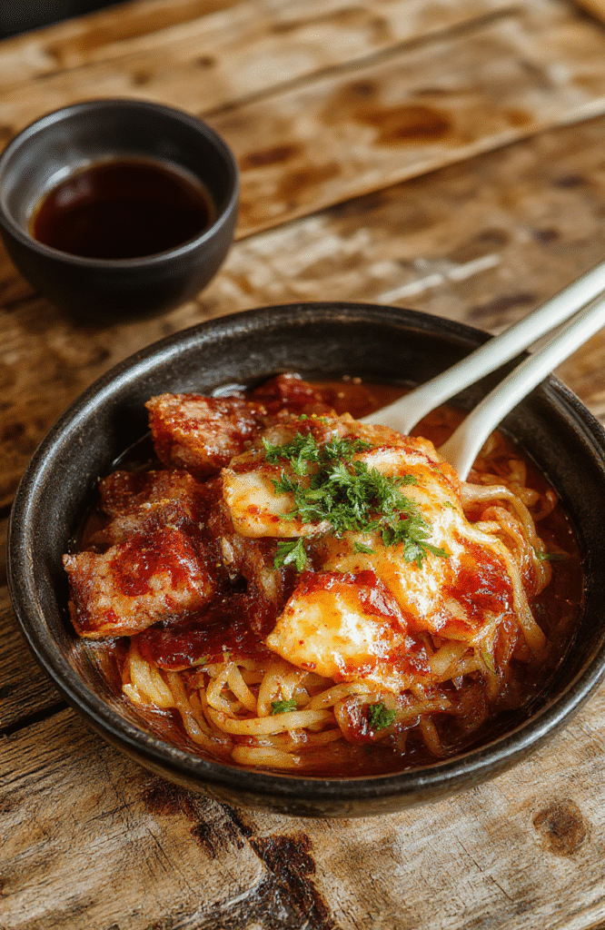 Colorful japchae noodles plated elegantly on a white dish, showcasing translucent glass noodles mixed with vibrant julienned carrots, spinach, thin beef strips, and sliced mushrooms, garnished with sesame seeds and green onions, styled simply on a rustic wooden table with natural light highlighting the textures and vivid colors.