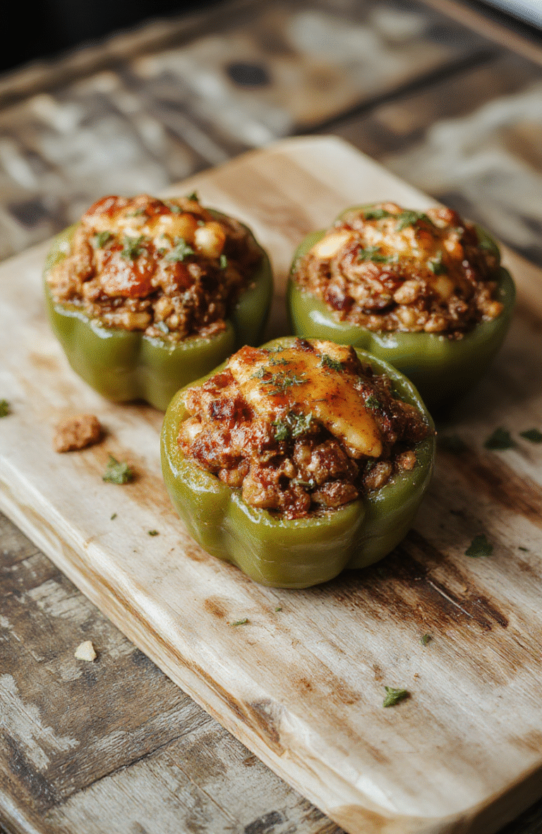 Colorful stuffed bell peppers arranged on a white plate, filled with a savory mixture of rice, vegetables, and melted cheese, garnished with fresh herbs, vibrant reds and greens contrasted against a neutral background, with a rustic wooden table surface.