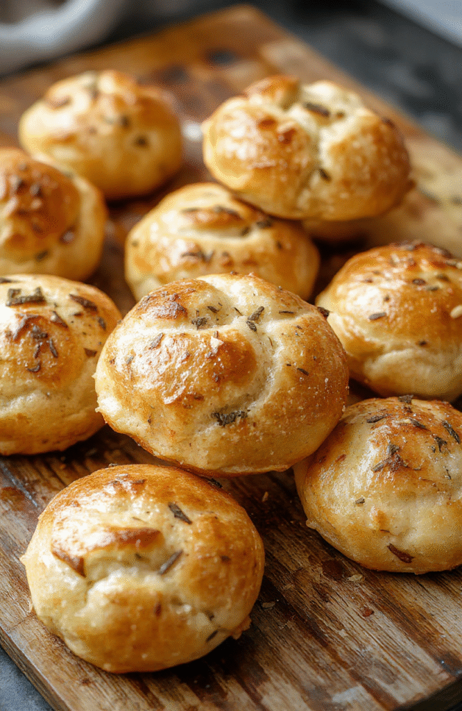 Golden fluffy garlic rolls arranged in a basket on a rustic wooden table. The rolls are topped with melted butter and minced garlic, with a hint of parsley for color. The texture appears soft and airy, with a lightly crispy crust. Freshly sliced open to show the soft interior, styled for a warm, inviting presentation that highlights their irresistible appeal.