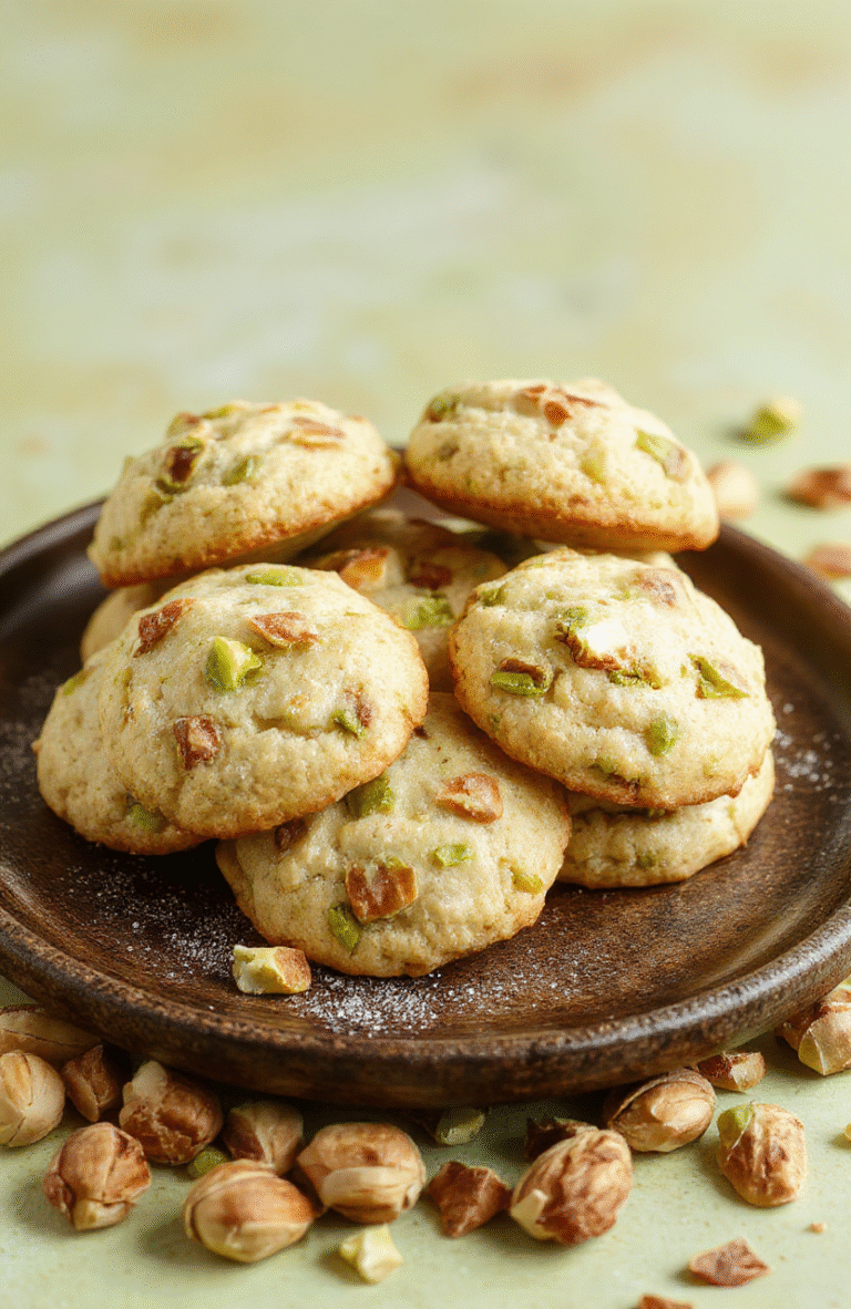 Colorful pistachio cookies with a light, airy texture arranged on a rustic plate. The cookies have a golden-brown edge and green pistachio pieces visible. Soft pastel-colored background enhances the spring vibe, with a few pistachio nuts scattered nearby for garnish. The presentation is simple yet elegant, emphasizing freshness and lightness.