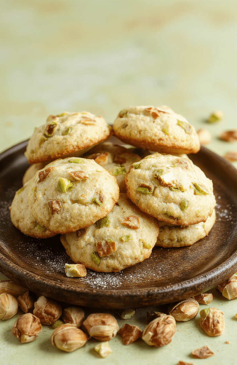 Colorful pistachio cookies with a light, airy texture arranged on a rustic plate. The cookies have a golden-brown edge and green pistachio pieces visible. Soft pastel-colored background enhances the spring vibe, with a few pistachio nuts scattered nearby for garnish. The presentation is simple yet elegant, emphasizing freshness and lightness.