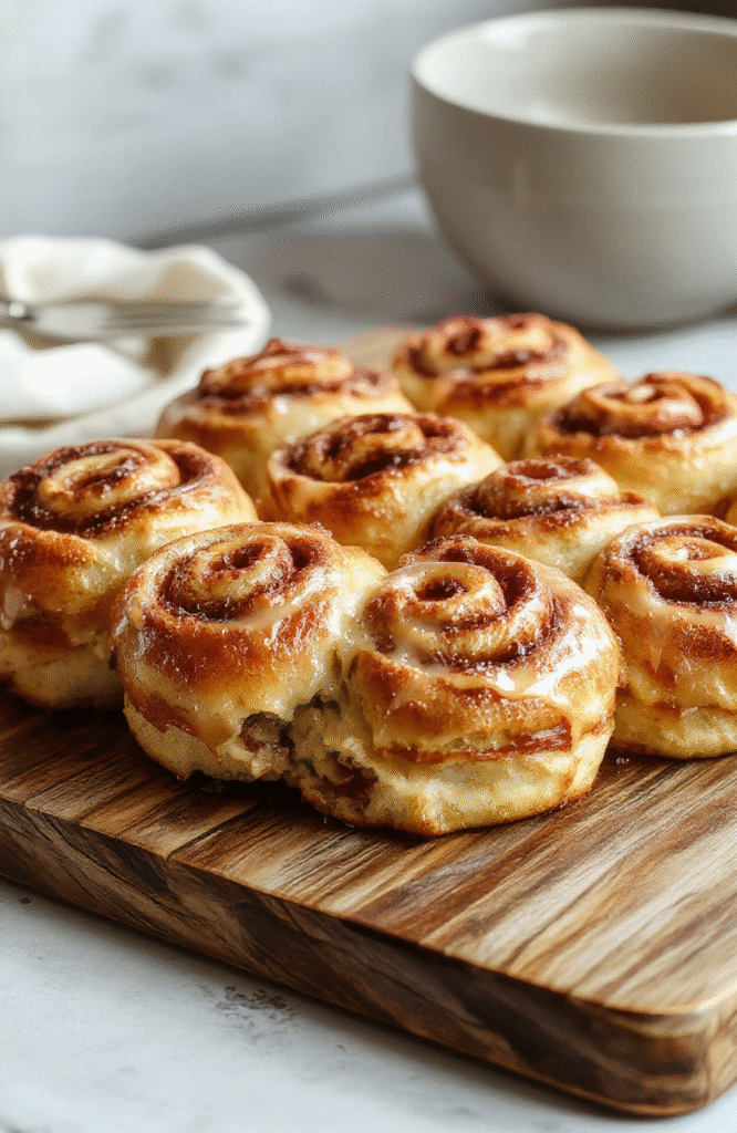 A close-up of warm, fluffy cinnamon rolls glazed with icing, topped with cinnamon and sugar, arranged on a rustic wooden tray, with soft natural light highlighting their gooey texture and swirls of cinnamon filling.