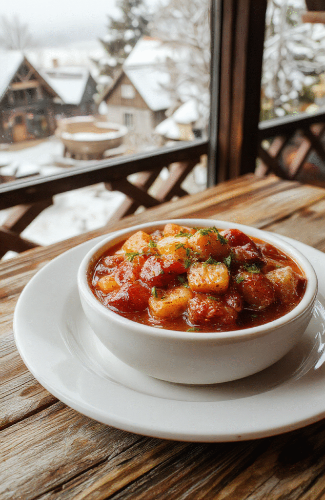 A vibrant bowl of Frozen Arendelle Winter Stew featuring hearty chunks of vegetables and tender meat, topped with fresh herbs. The stew is served in a rustic ceramic bowl on a wooden table, with steam rising, highlighting rich, warm colors and a thick, comforting texture. Snowflake-shaped bread slices and a sprinkle of herbs add to the cozy, magical winter scene.