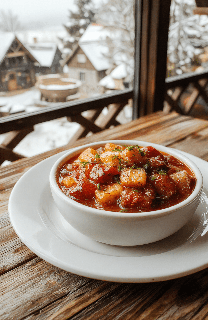 A vibrant bowl of Frozen Arendelle Winter Stew featuring hearty chunks of vegetables and tender meat, topped with fresh herbs. The stew is served in a rustic ceramic bowl on a wooden table, with steam rising, highlighting rich, warm colors and a thick, comforting texture. Snowflake-shaped bread slices and a sprinkle of herbs add to the cozy, magical winter scene.