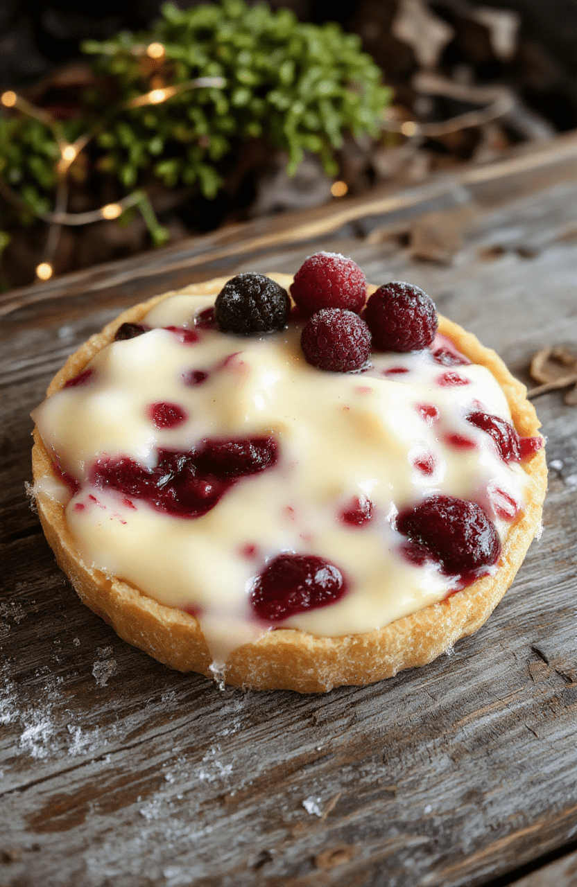 A vibrant frozen berry tart with a glossy surface, topped with fresh mixed berries and a sprinkle of powdered sugar, presented on a rustic wooden board with delicate mint leaves and edible flowers for garnish.