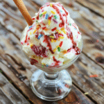 Vibrant Frozen Magic Ice Cream Sundae with colorful scoops layered in a tall glass, topped with sprinkles, whipped cream, and a cherry. Bright pastel colors contrasting against a rustic wooden table, with a whimsical, magical feel and a sprinkle of edible glitter for extra enchantment.