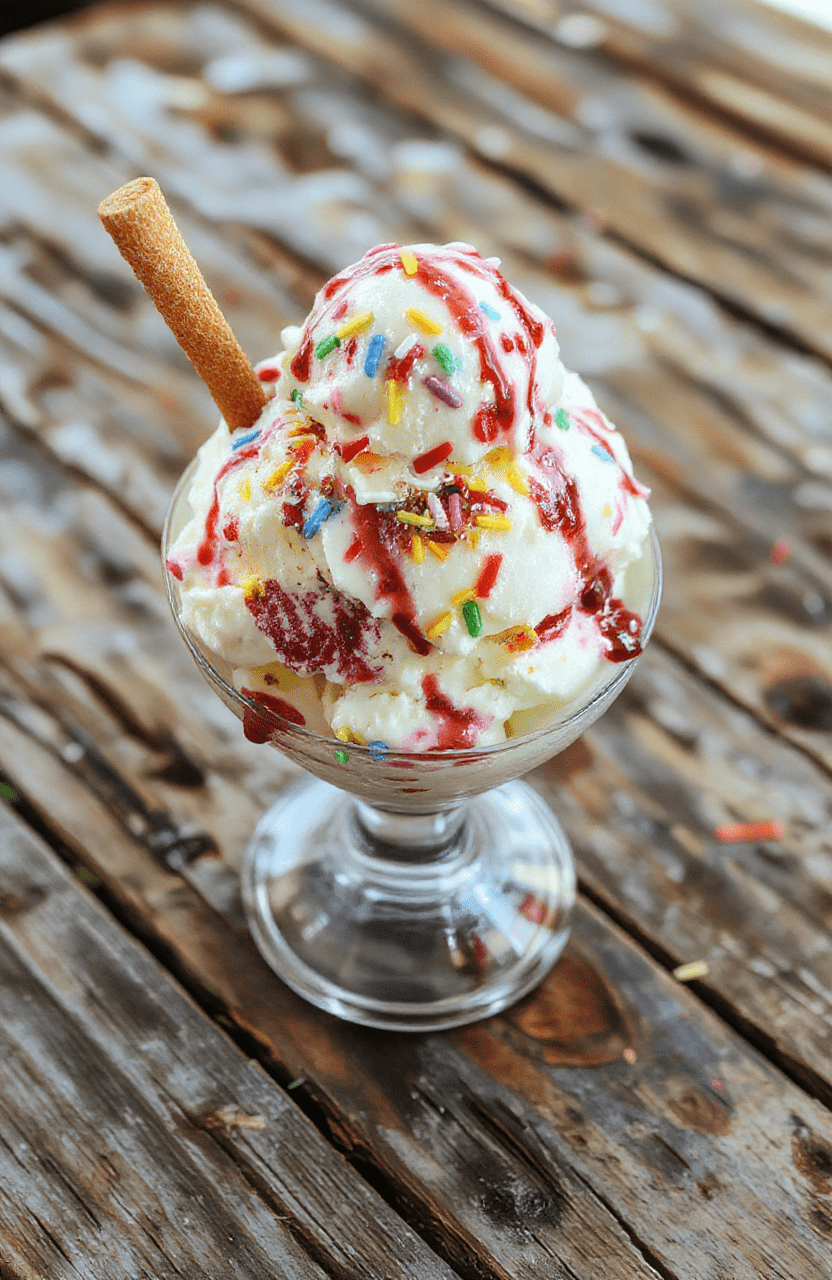 Vibrant Frozen Magic Ice Cream Sundae with colorful scoops layered in a tall glass, topped with sprinkles, whipped cream, and a cherry. Bright pastel colors contrasting against a rustic wooden table, with a whimsical, magical feel and a sprinkle of edible glitter for extra enchantment.