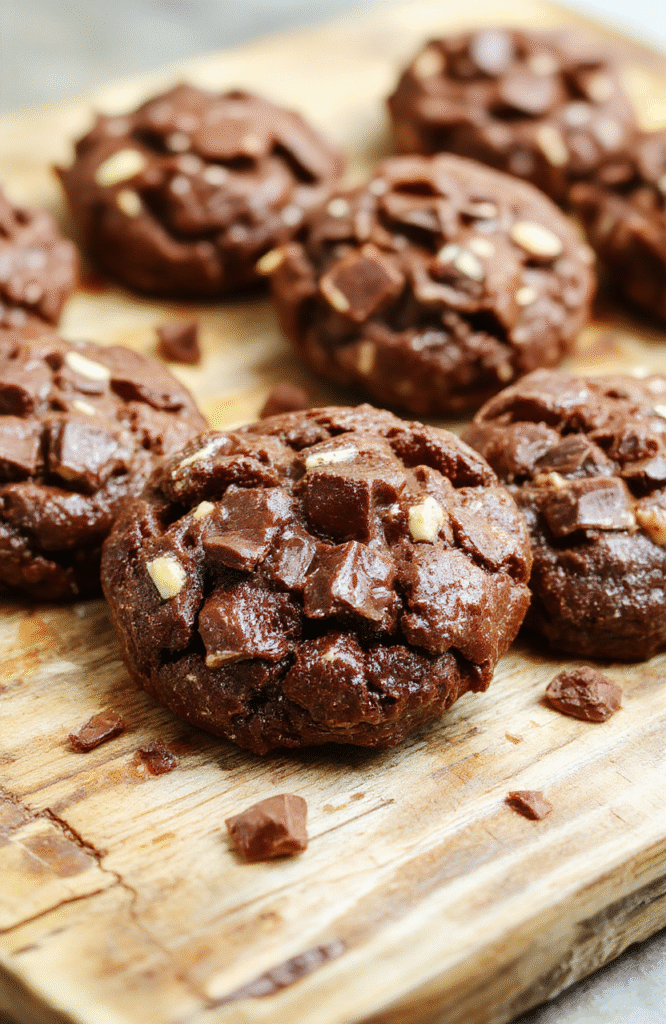 A close-up shot of fudgy chewy brownie cookies stacked on a rustic wooden platter, showcasing their glossy, chocolatey top and chewy texture, with a light dusting of powdered sugar and a few broken pieces revealing dense, moist interiors. The background features a neutral-toned table with soft natural light highlighting the rich chocolate color and inviting texture.