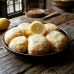 Colorful lemon cakes with a golden-brown crust and lemon glaze, elegantly layered on a rustic wooden platter, garnished with fresh lemon slices and mint leaves, styled with medieval-inspired decor and a backdrop resembling the Iron Throne room