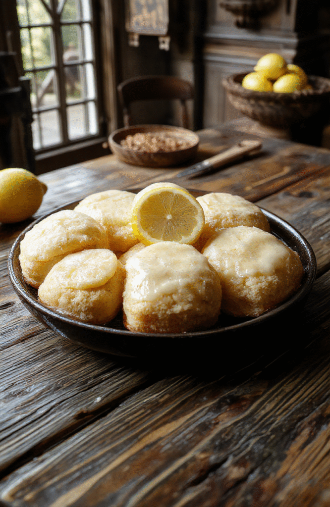 Colorful lemon cakes with a golden-brown crust and lemon glaze, elegantly layered on a rustic wooden platter, garnished with fresh lemon slices and mint leaves, styled with medieval-inspired decor and a backdrop resembling the Iron Throne room