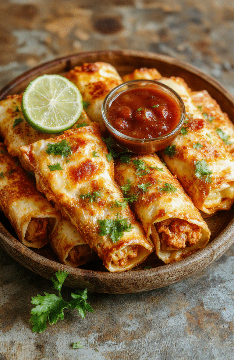 Golden crispy taquitos arranged on a rustic wooden plate, filled with seasoned meat and cheese, topped with fresh cilantro, served with a side of salsa and lime wedges, the textures vary from crunchy to tender, vibrant colors with golden browns and bright greens, styled simply for a homey, appetizing look.