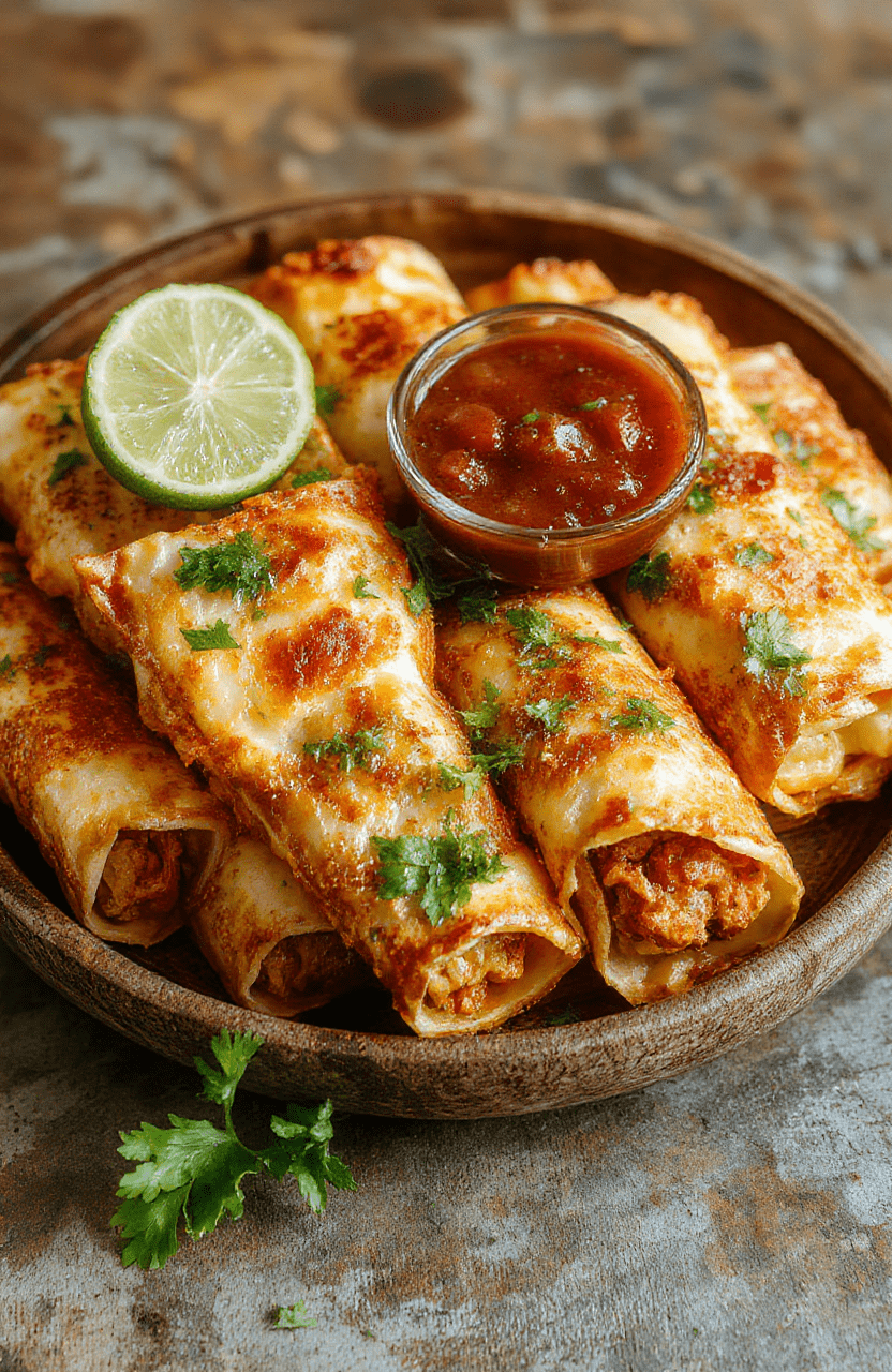 Golden crispy taquitos arranged on a rustic wooden plate, filled with seasoned meat and cheese, topped with fresh cilantro, served with a side of salsa and lime wedges, the textures vary from crunchy to tender, vibrant colors with golden browns and bright greens, styled simply for a homey, appetizing look.