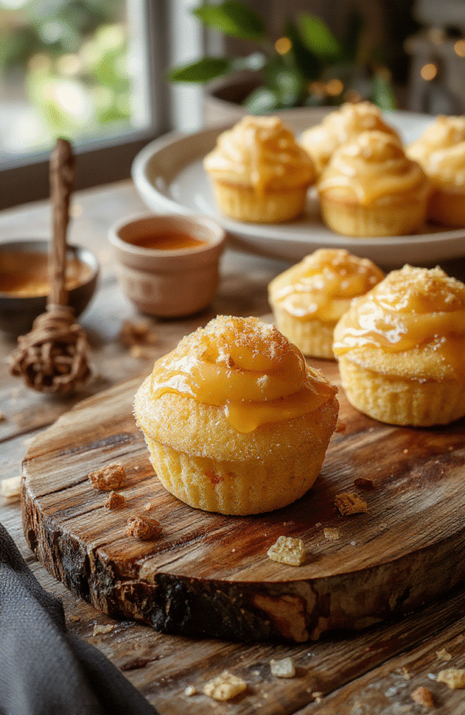 Close-up of golden brown cupcakes topped with creamy, golden butterbeer frosting sprinkled with shimmering gold dust, arranged on a rustic wooden board with whimsical fairy lights in the background, creating a magical and inviting scene