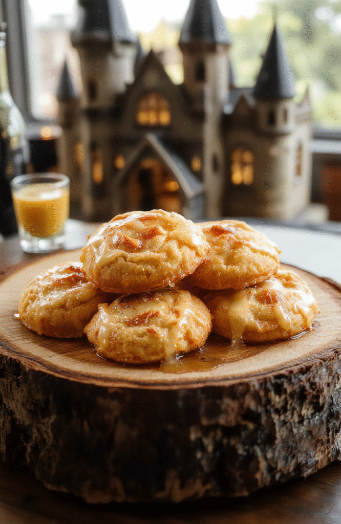 Golden-brown honey cakes topped with a drizzle of honey and a dusting of cinnamon, arranged on a rustic wooden platter with a medieval tavern backdrop, capturing vibrant warm tones and a cozy magical atmosphere.