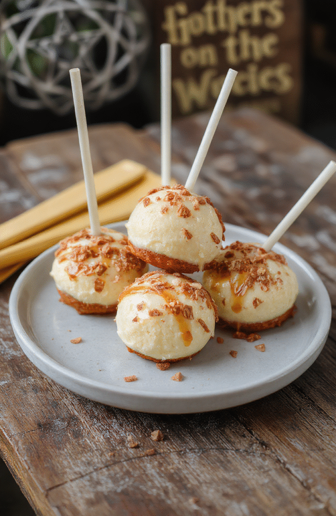 Colorful Gryffindor’s Butterbeer Cheesecake Pops arranged on a rustic wooden surface, featuring creamy cheesecake coated in golden caramel and topped with red and gold sprinkles, with a backdrop of Hogwarts-inspired decor and warm ambient lighting.