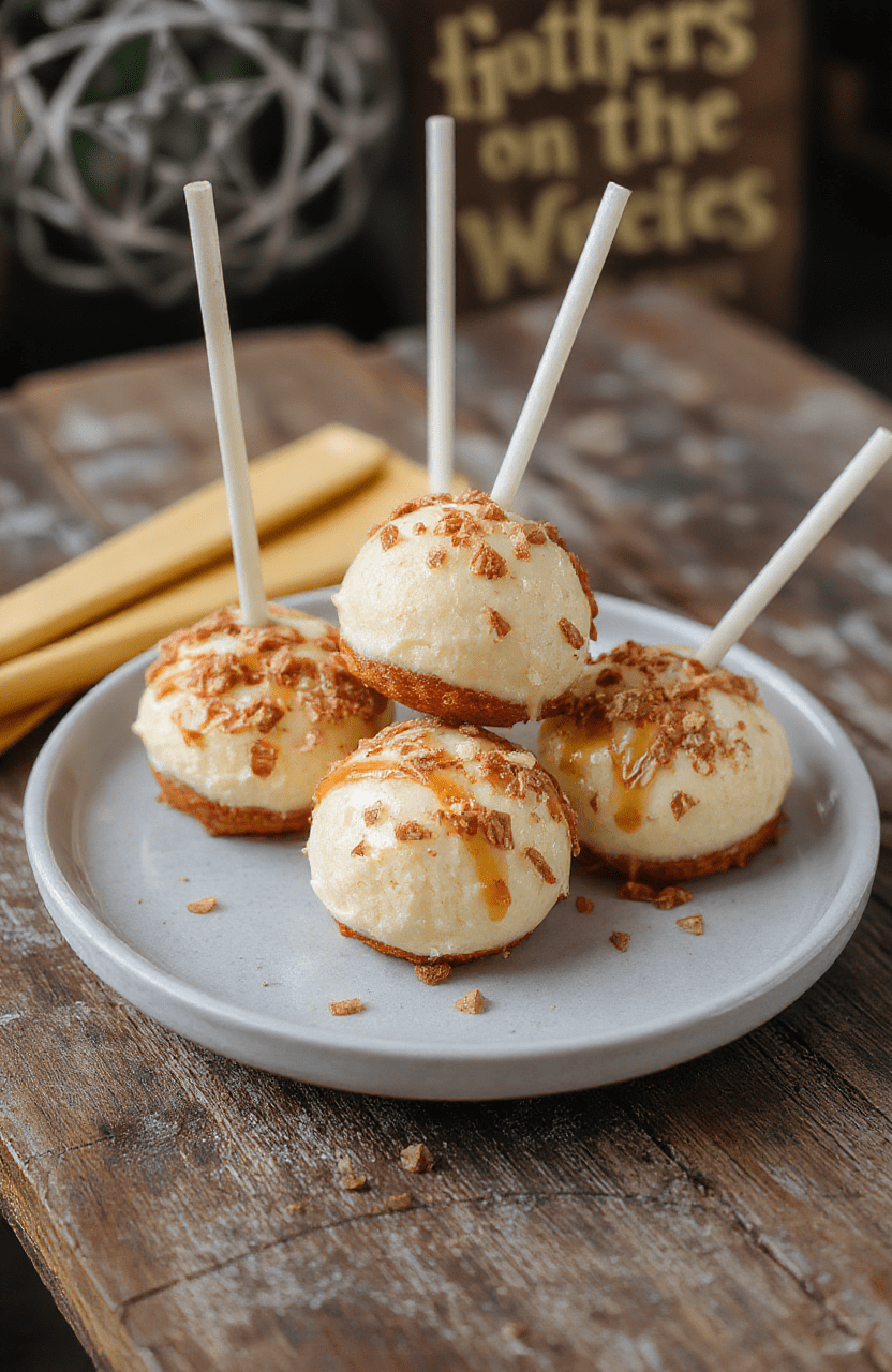 Colorful Gryffindor’s Butterbeer Cheesecake Pops arranged on a rustic wooden surface, featuring creamy cheesecake coated in golden caramel and topped with red and gold sprinkles, with a backdrop of Hogwarts-inspired decor and warm ambient lighting.