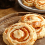 A close-up of Gryffindor’s Fiery Swirl Butterbeer Cookies on a rustic wooden plate, with golden-brown tops swirling with fiery red and caramel accents, sprinkled with cinnamon and crystals of sea salt, styled with a Harry Potter-themed background featuring a vintage wizarding map and potion bottles