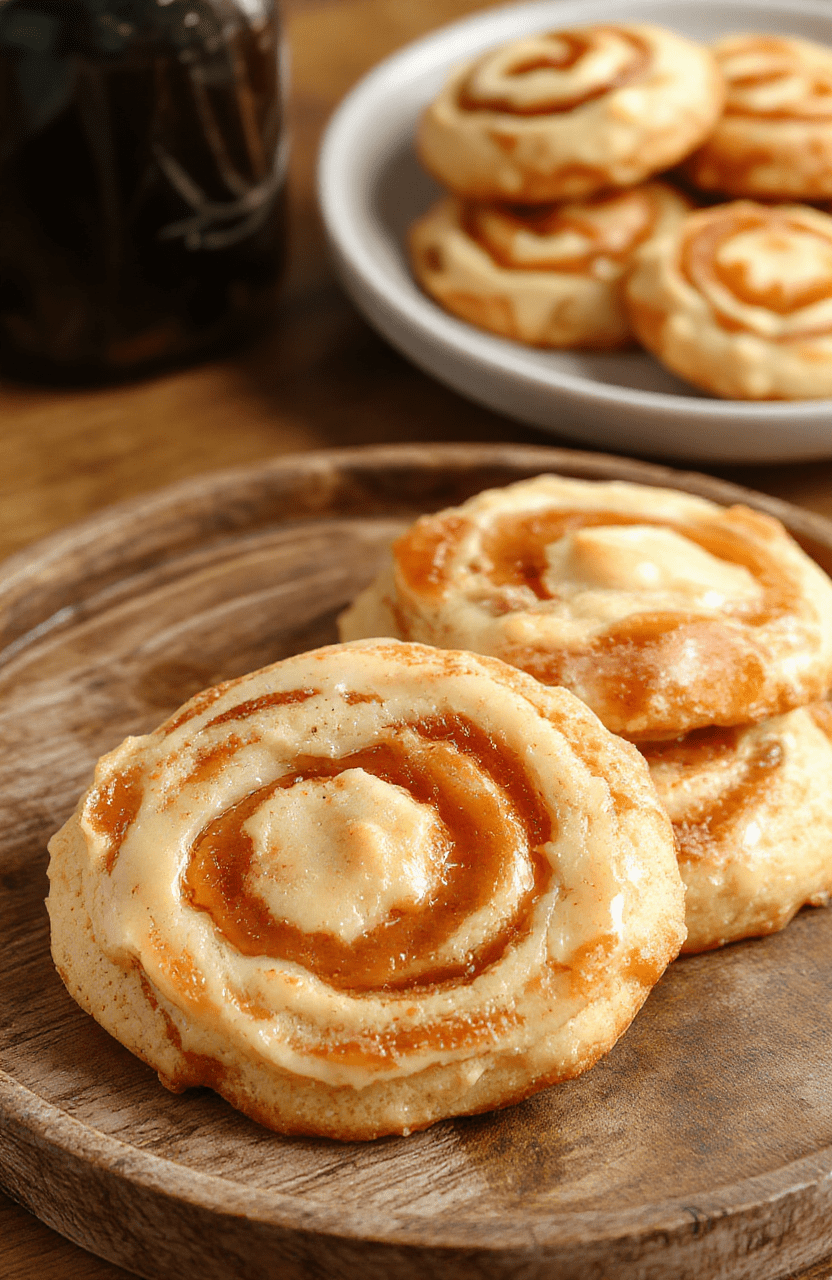 A close-up of Gryffindor’s Fiery Swirl Butterbeer Cookies on a rustic wooden plate, with golden-brown tops swirling with fiery red and caramel accents, sprinkled with cinnamon and crystals of sea salt, styled with a Harry Potter-themed background featuring a vintage wizarding map and potion bottles