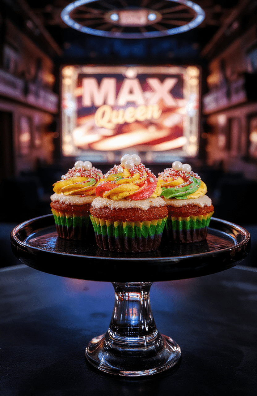 Colorful HBO Max Drama Queen Cupcakes topped with vibrant swirls of frosting in shades of purple, pink, and blue, decorated with shiny edible pearls and glitter. The cupcakes are arranged on a sleek black platter, set against a theatrical stage backdrop with spotlights illuminating the sweet treats, creating a glamorous and dramatic presentation.