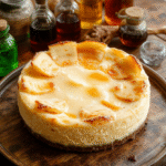 A creamy, golden-brown cheesecake topped with whipped cream and caramel drizzle, garnished with edible gold dust, on a rustic wooden table, evoking a magical Harry Potter theme with vintage potion bottles and enchanted accents.