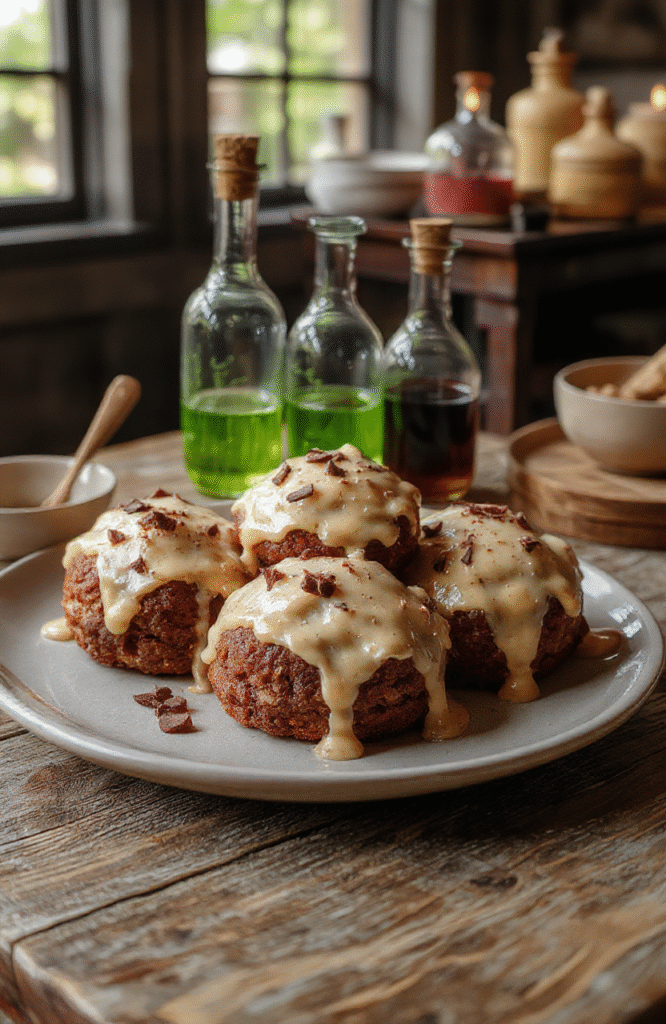A dark, glossy cauldron-shaped cake with a textured black exterior, topped with shimmering edible glitter to mimic magic. The cauldron is set on an aged wooden table with mystical candles and potion bottles in the background, creating an enchanting magical ambiance.