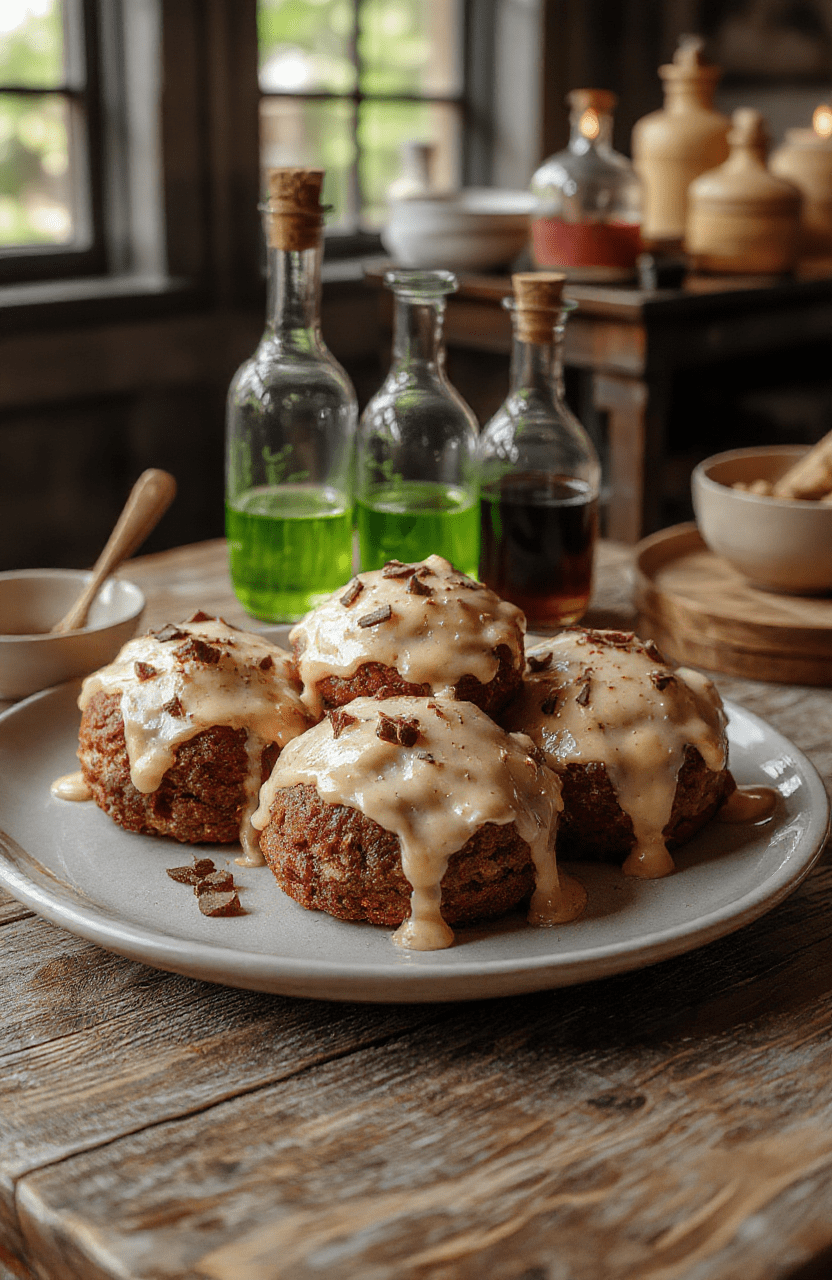 A dark, glossy cauldron-shaped cake with a textured black exterior, topped with shimmering edible glitter to mimic magic. The cauldron is set on an aged wooden table with mystical candles and potion bottles in the background, creating an enchanting magical ambiance.