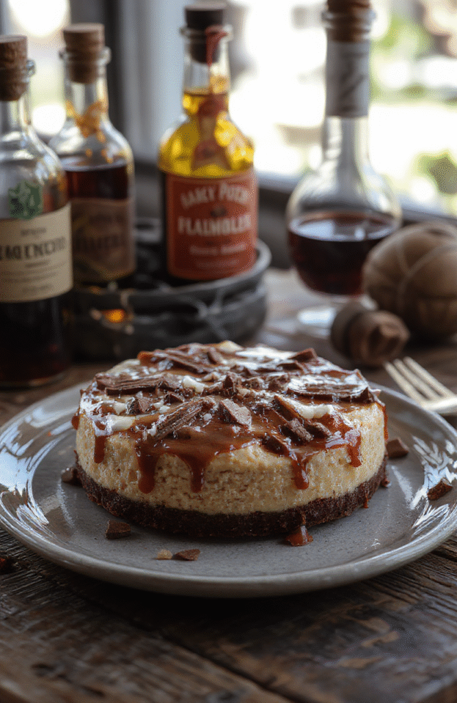 A luscious chocolate bottom butterbeer cheesecake on a rustic wooden plate, topped with caramel sauce, whipped cream, and a sprinkle of cinnamon. The rich chocolate crust contrasts with the creamy, golden butterbeer filling, presented in a wizard-inspired setting with subtle potion bottles in the background.