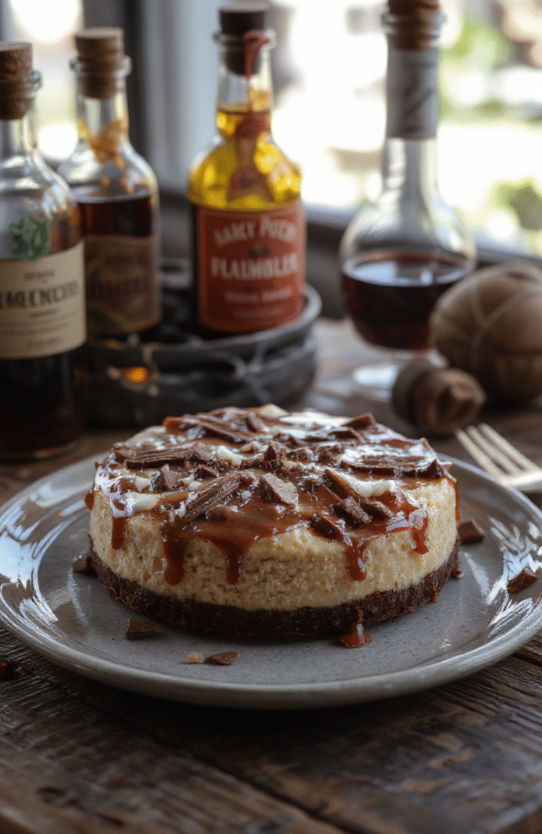 A luscious chocolate bottom butterbeer cheesecake on a rustic wooden plate, topped with caramel sauce, whipped cream, and a sprinkle of cinnamon. The rich chocolate crust contrasts with the creamy, golden butterbeer filling, presented in a wizard-inspired setting with subtle potion bottles in the background.