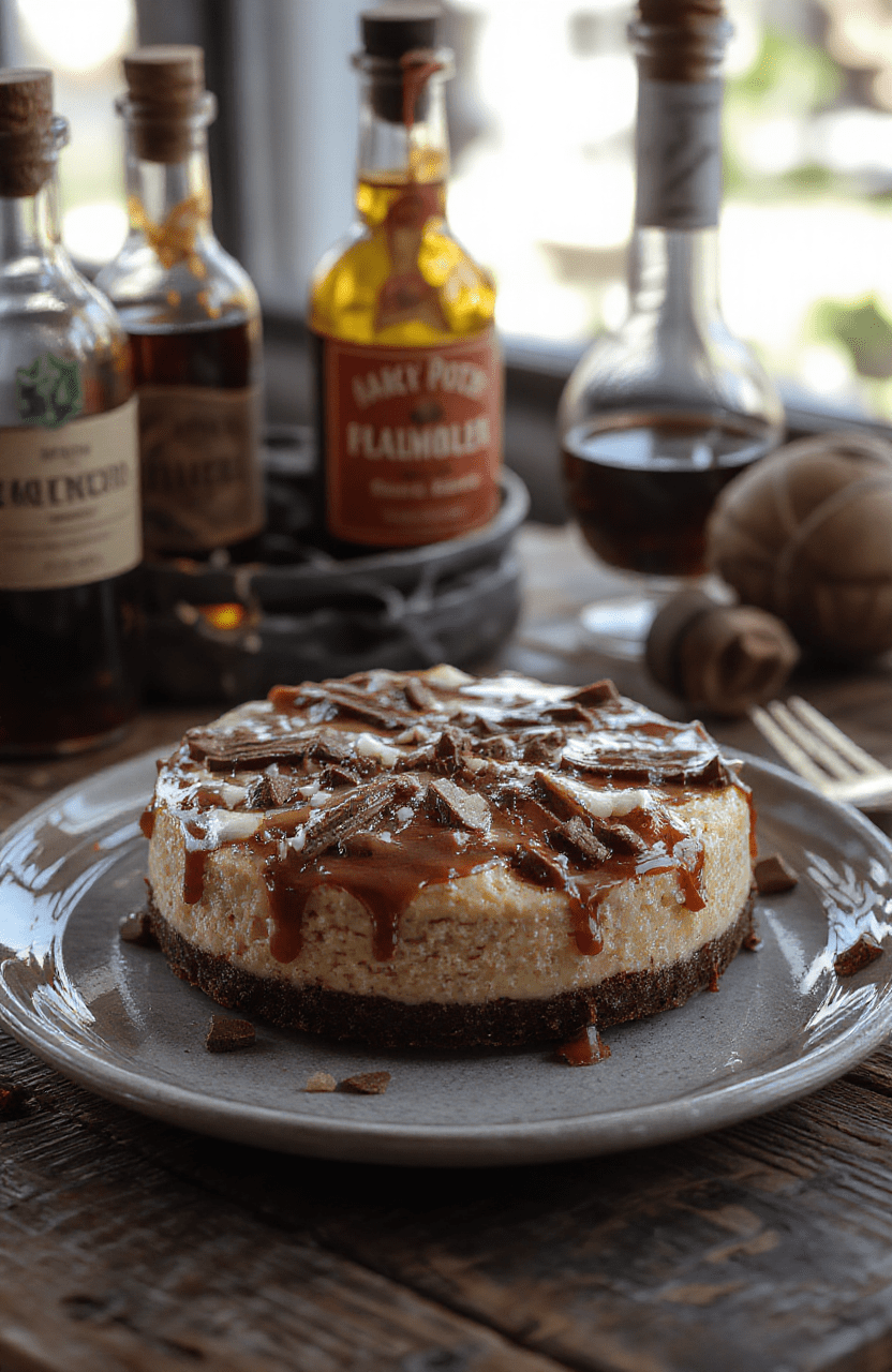 A luscious chocolate bottom butterbeer cheesecake on a rustic wooden plate, topped with caramel sauce, whipped cream, and a sprinkle of cinnamon. The rich chocolate crust contrasts with the creamy, golden butterbeer filling, presented in a wizard-inspired setting with subtle potion bottles in the background.