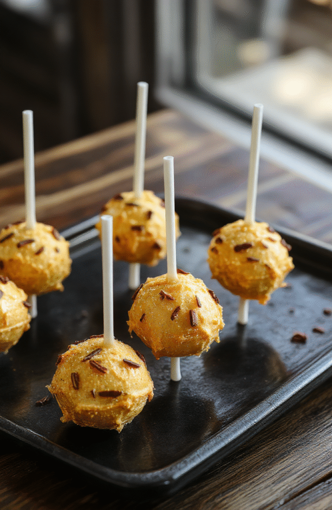 Colorful Harry Potter Golden Snitch cake pops decorated with gold and brown chocolate, designed to resemble snitches with tiny wings, presented on a sleek black platter with glittering edible accents, vibrant and appealing textures, perfect for a fantasy-themed celebration.