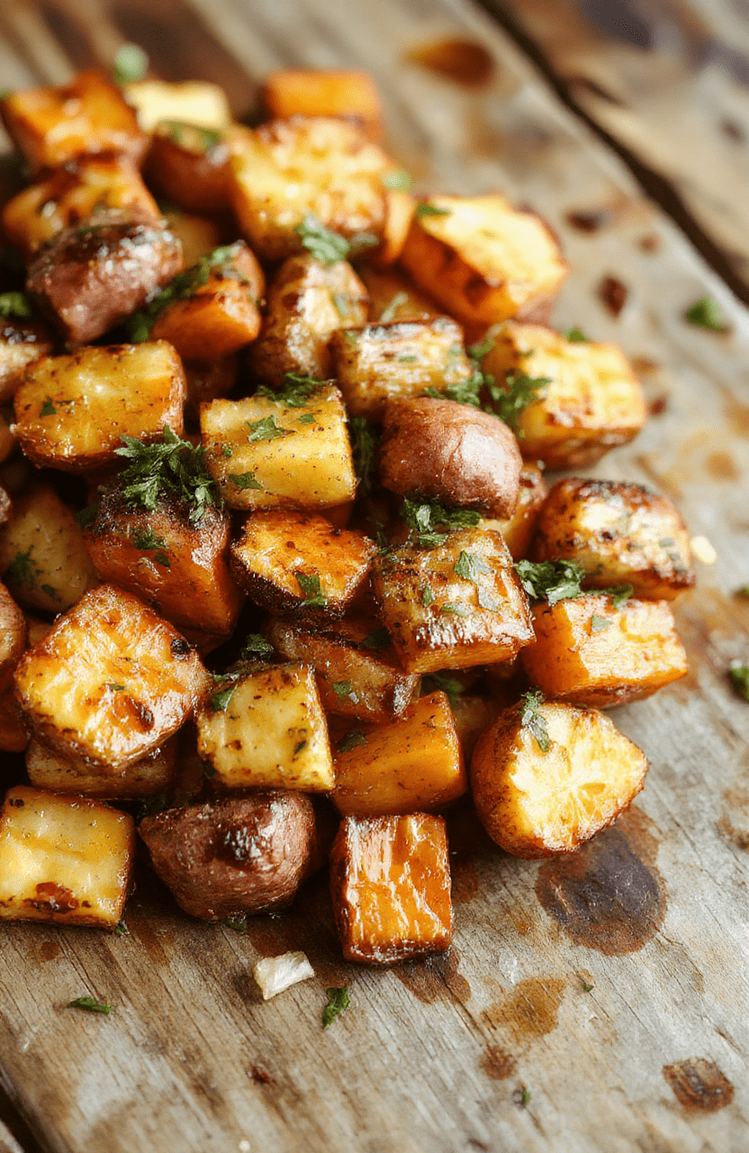 A vibrant plate of roasted sweet potatoes and carrots, garnished with fresh herbs, showcasing golden-brown edges and colorful earthy tones, styled simply on a rustic wooden surface with natural light highlighting the crispy textures and tender insides of the vegetables.